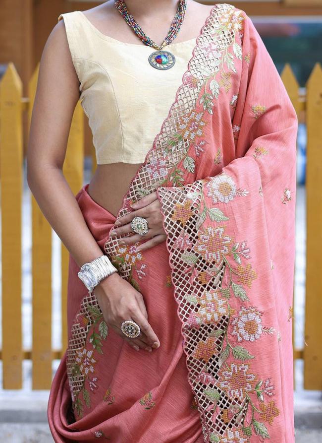 Silk Pink Wedding Wear Embroidery Work Saree